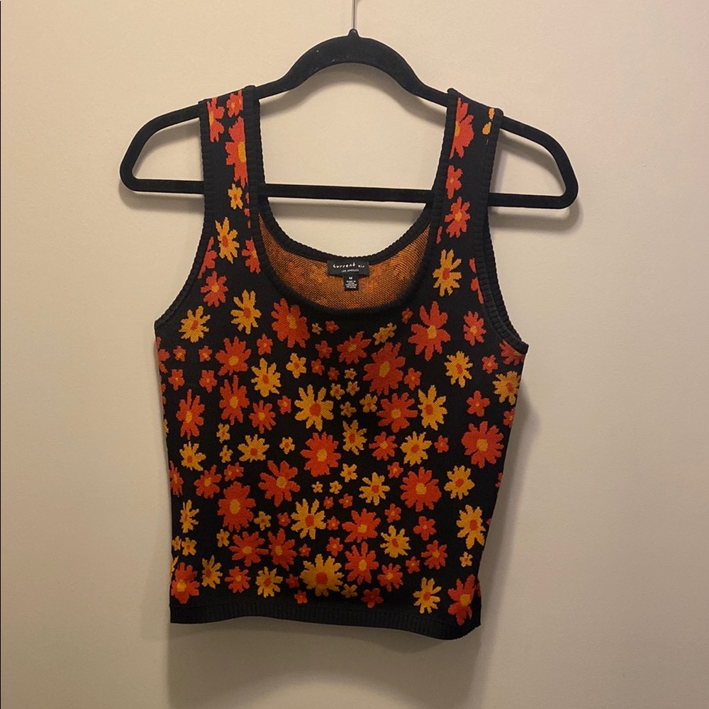 Floral Knit Tank Top - Black and Orange